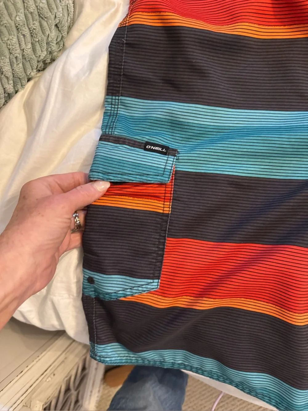 O’Neill Men's Striped Red & Teal Swim/ Board Trunks size 34 Coastal